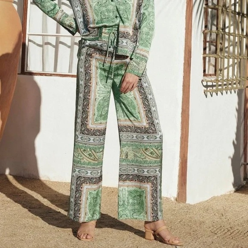 Rachel Zoe Green Paisley Wide Leg Palazzo Pants Boho Resort Wear Small NEW